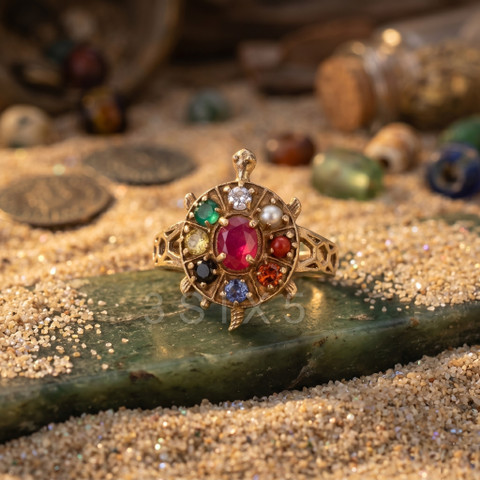 3SIX5 Navratan Kachua Tortoise Meru Ring | Gold Plated Navgreh