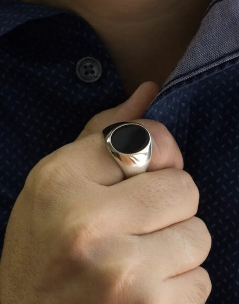 ROOTWAVE Sterling Silver Oval Onyx Signet Ring Mens Silver Black Onyx Stone  Rings Stainless Steel, Sterling Silver Titanium Plated Ring