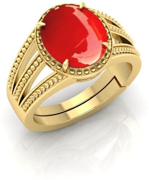 Viloxo Red Moonga Stone Original Certified Gold Plated Ring With Lab  Certificate Brass Coral Gold Plated Ring