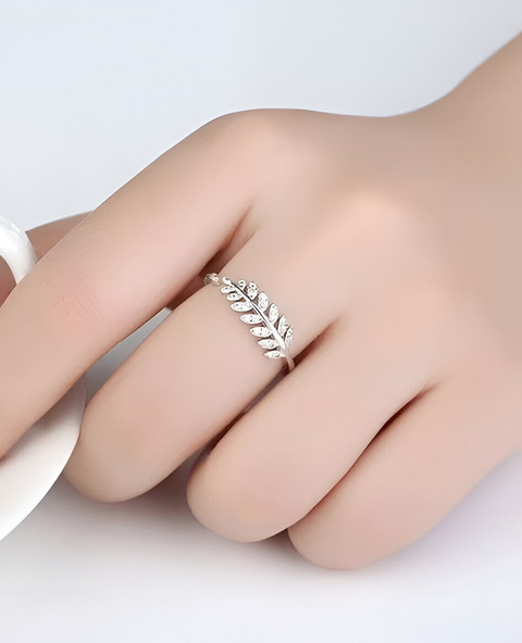 vs unique collections Adjustable Silver Platinum Plated Crystal AD Diamond  Nug Leaf Design Finger Ring Stainless Steel Silver Plated Ring