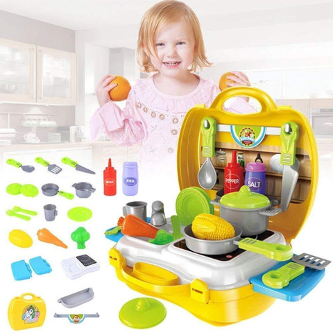 Kids creation 26 Pcs Kitchen Play Set Non Toxic Plastic Unbreakable Toys  for Girls with Suitcase Carry Case for Kids