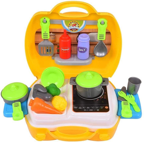 Kids creation 26 Pcs Kitchen Play Set Non Toxic Plastic Unbreakable Toys  for Girls with Suitcase Carry Case for Kids