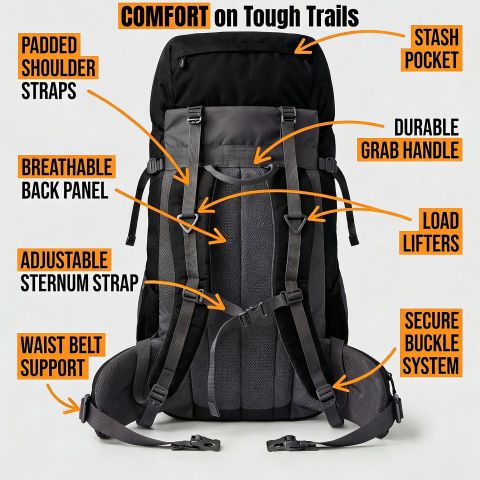 HRX by Hrithik Roshan Blaze High Quality Trekking Hiking Camping Bag Travel Backpack Rucksack Rucksack - 65 L (Black, Green) - Image 5