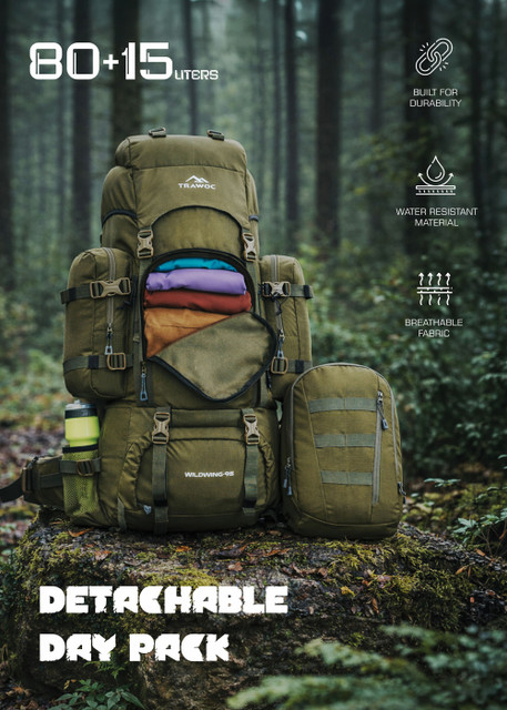 95l hiking backpack TRAWOC WILDWING 95L Internal Frame Travel Backpack with Detachable Daypack  Rucksack - 95 L green - Price in India