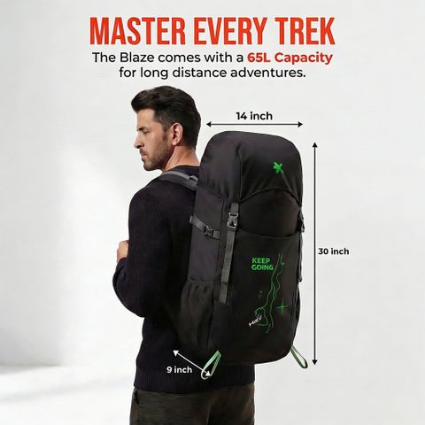 HRX by Hrithik Roshan Blaze High Quality Trekking Hiking Camping Bag Travel Backpack Rucksack Rucksack - 65 L (Black, Green) - Image 4