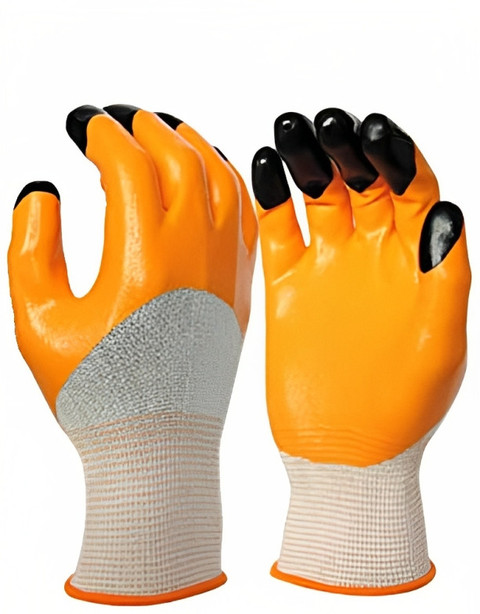 RK Trends Heavy duty reusable Full Nitrile Coated work safety Gloves 12  Pair (Orange) Nitrile Safety Gloves