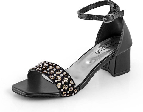LaSancy Embellished Ankle-Strap Fashion Party Block Heel Sandals Heel  Height: Inch Women Heels