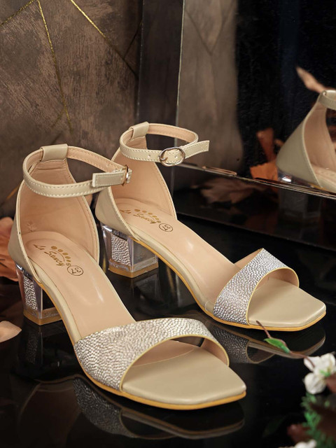 LaSancy Embellished Ankle-Strap Fashion Party Block Heel Sandals Heel  Height: Inch Women Heels