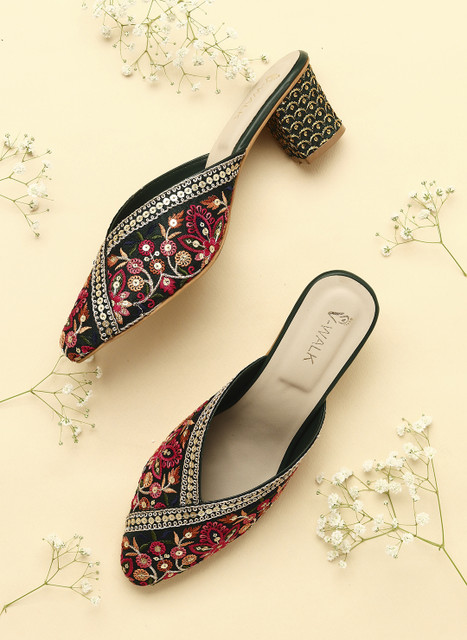 Vwalk Slip-Ons Floral Embroidered Ethnic Block Heel Sandals Heel
