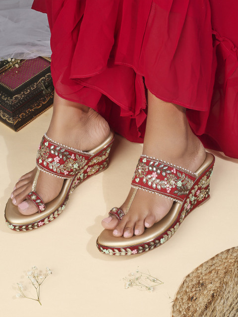 Vwalk Slip-Ons Floral Embroidered Ethnic Wedge Heel Bridal Sandals