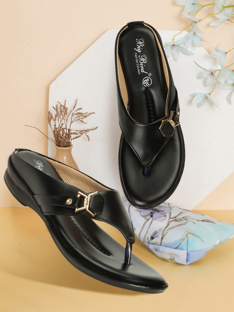 Big Bird Flat Casual V-strap Sandals for Women Girls (Black - Main Image