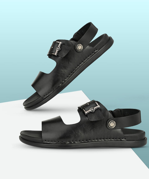 Black Leather Sandals Open Toe Shoes Men's Hitz Black Leather