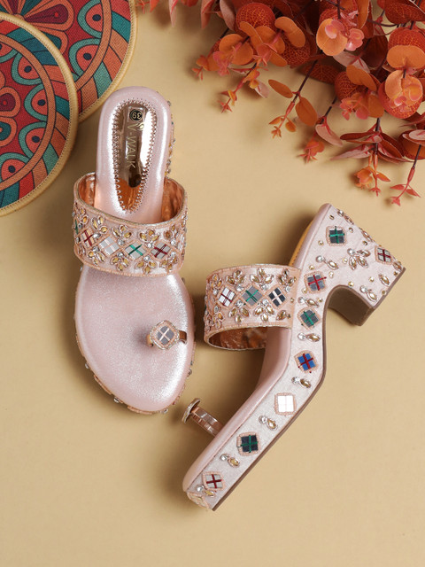 Vwalk Toe-Ring Embellished Ethnic Wedding Block Heel Slip-on Sandals  Heel: Inch Women Heels