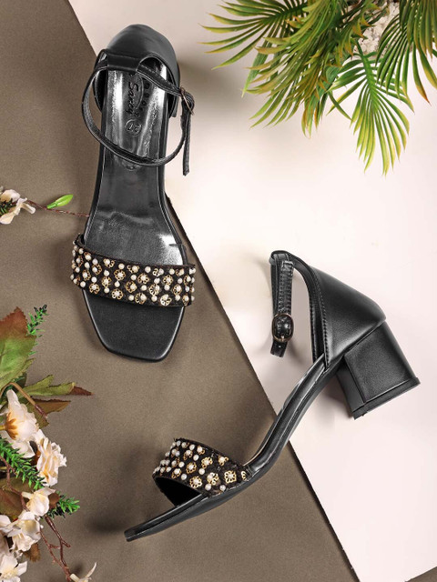 LaSancy Embellished Ankle-Strap Fashion Party Block Heel Sandals Heel  Height: Inch Women Heels