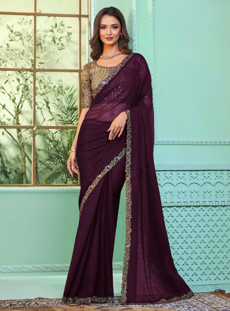 Buy New Pooja Embroidered Bollywood Georgette Purple Sarees Online