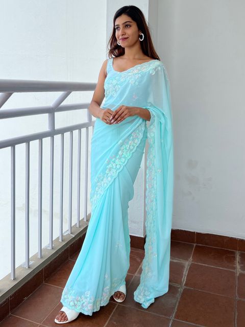 Sareemall Embellished Bollywood Georgette Saree Blue - Image 4