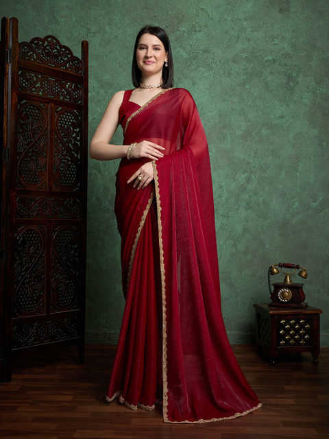 Buy FluteFashion Self Design Bollywood Chiffon Maroon Sarees