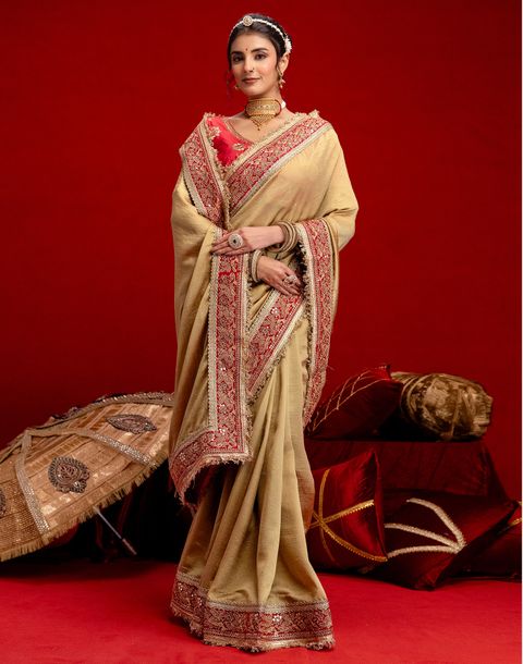 Satrani Embroidered, Embellished Bollywood Silk Blend Saree (Beige) - Image 6