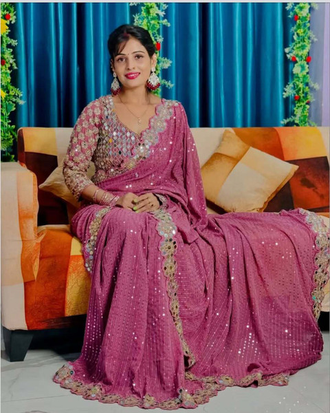 Buy ShivGori Embroidered Bollywood Georgette Pink Sarees Online