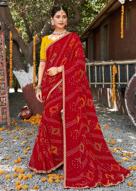 Buy Laxmipati sarees Printed Bandhani Georgette Red Sarees Online
