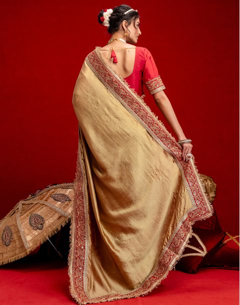 Satrani Embroidered, Embellished Bollywood Silk Blend Saree (Beige) - Image 5
