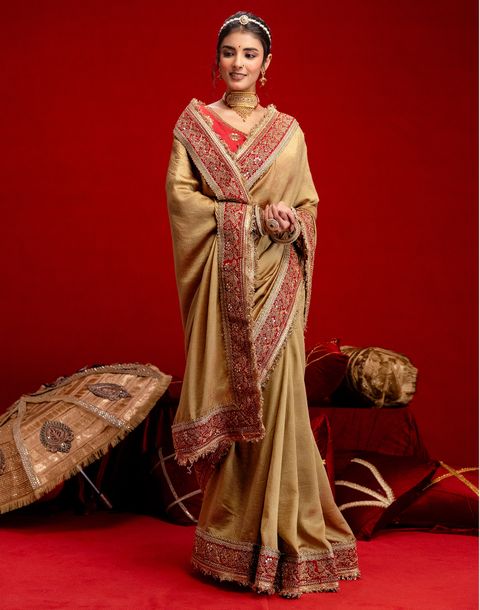 Satrani Embroidered, Embellished Bollywood Silk Blend Saree (Beige) - Image 4