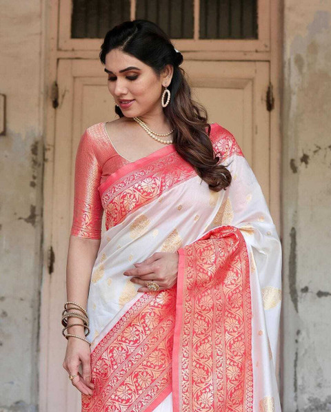 Buy DHARMIK FASHION Self Design Kanjivaram Jacquard White Sarees