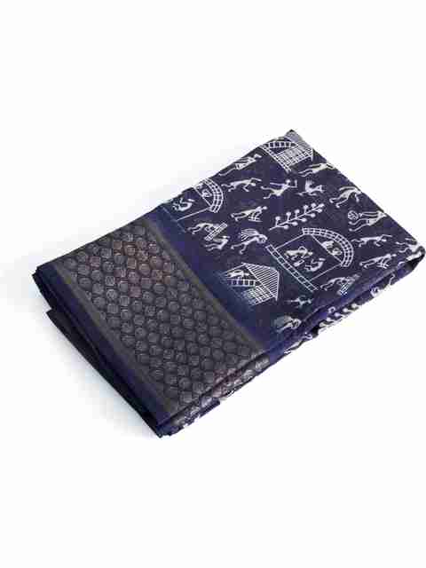 SHELOV Digital Print Daily Wear Cotton Silk Saree (Dark Blue) - Image 2