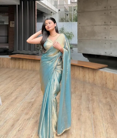 Buy Gajal Solid/Plain Saree with Attached Blouse Chiffon Blue