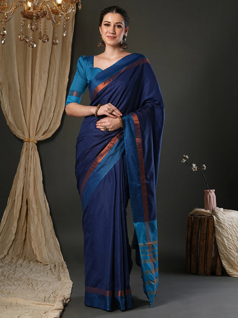 Buy Sareemall Color Block Daily Wear Cotton Silk Dark Blue Sarees