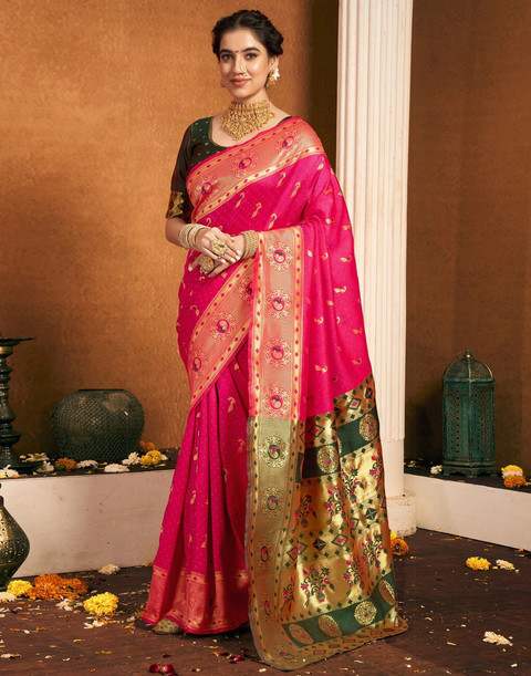 Buy Houri Fab Woven, Embellished Banarasi Pure Silk, Jacquard Pink
