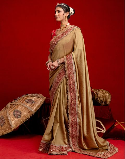 Satrani Embroidered, Embellished Bollywood Silk Blend Saree (Beige) - Image 3