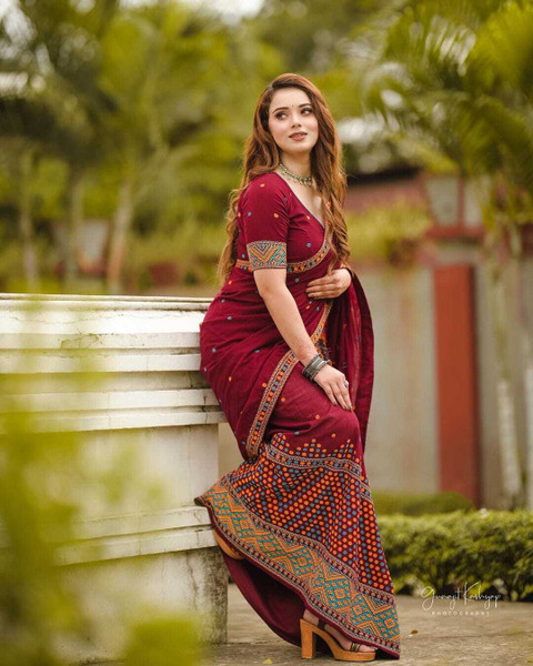 Buy Sheden Lopez Creation Woven Mekhela Chador Pure Cotton Maroon