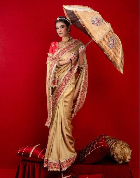 Satrani Embroidered, Embellished Bollywood Silk Blend Saree (Beige) - Image 7
