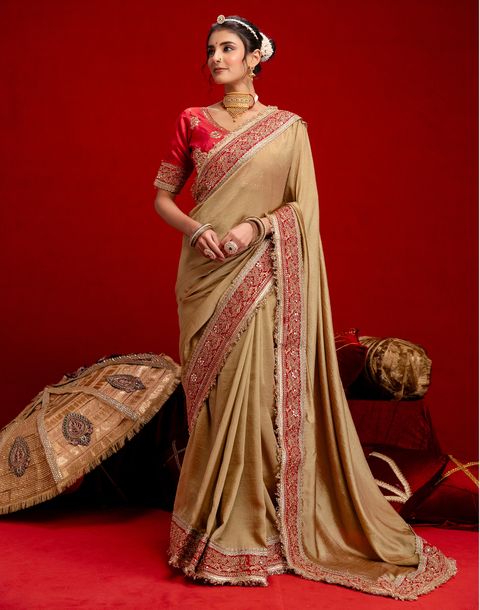 Satrani Embroidered, Embellished Bollywood Silk Blend Saree (Beige) - Image 8