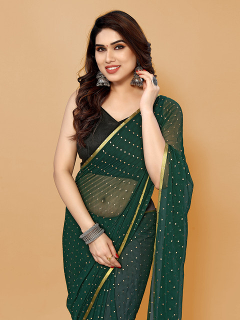 Buy FABMORA Embellished, Printed Bollywood Chiffon Dark Green