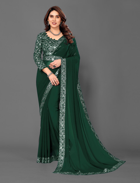 Buy SOMVATI Self Design Bollywood Chiffon Green Sarees Online
