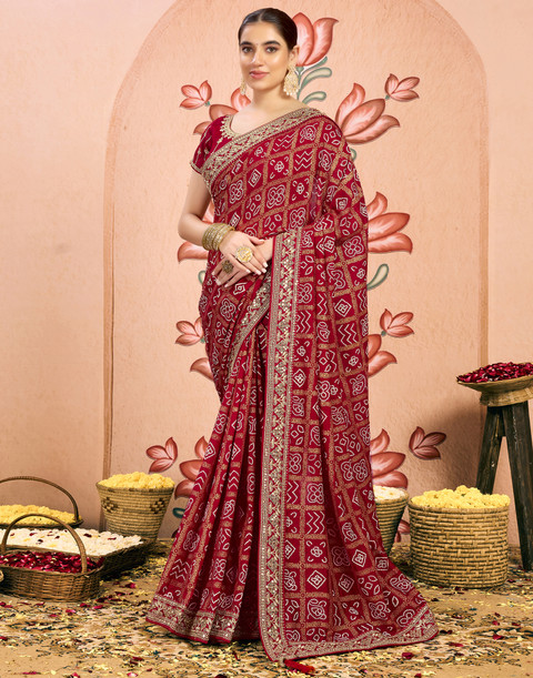 Samah Embellished, Embroidered, Printed Bandhani Georgette, Lace Saree