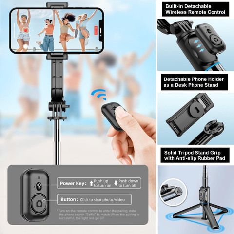 Hold up Extendable Selfie Stick with Wireless Bluetooth Remote 103cm Long  Selfie Stick, Detachable Mobile Holder, Adjustable, Compatible for All