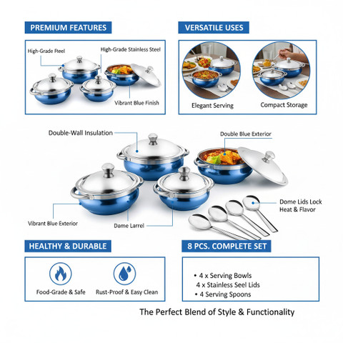 Rk Stylish Serving Set Blue Steel Bowls Insulated Serveware 8-Pc