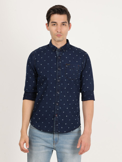 Wrangler Men Printed Casual Blue Shirt