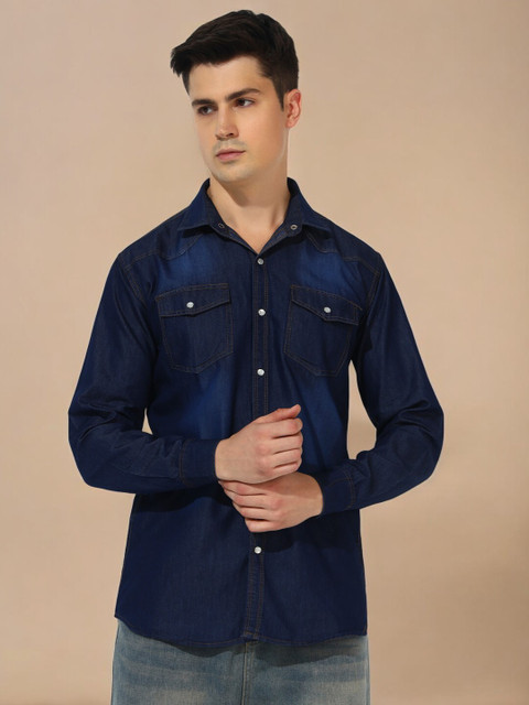 Double One Men Washed Casual Dark Blue Shirt - Buy Double One Men