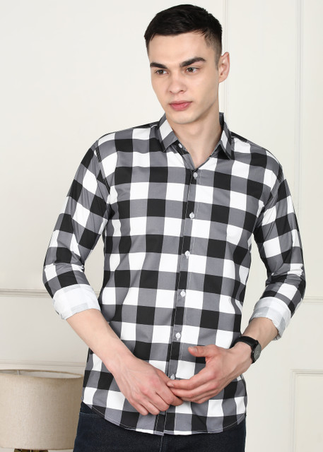 Fubar Men Checkered Casual Black, White Shirt