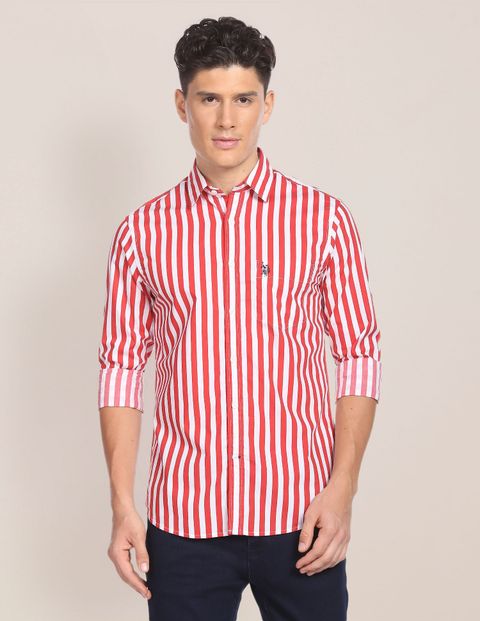 red and white dress shirt Men's Stars & Stripes 100% Cotton Long Sleeve Button-Up S / Red/White/Blue cotton button down shirt Non-Iron Cotton Windowpane Dress Shirt