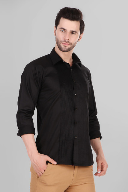 DESIGN UP Men Solid Casual Black Shirt