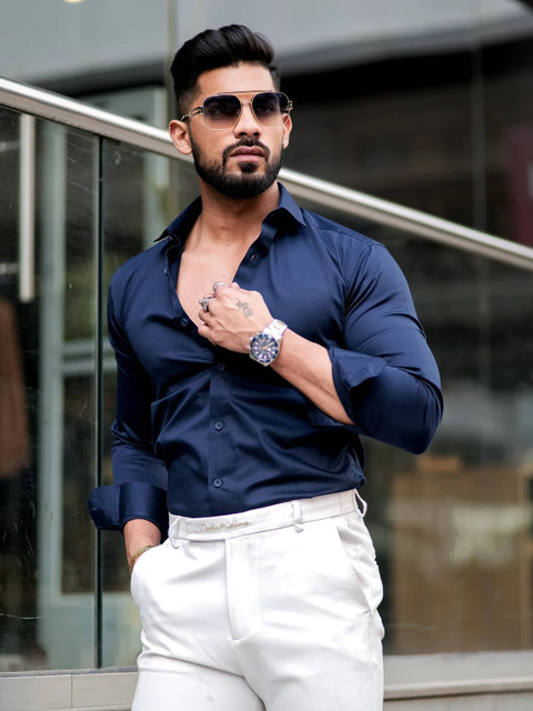 dark royal blue dress shirt Hisdern Non-iron Royal Blue Dress Shirt and Striped Tie XL main image 0