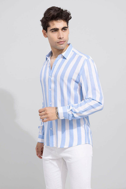 EIGHTEEN UP Men Striped Casual White, Blue Shirt Buy EIGHTEEN UP
