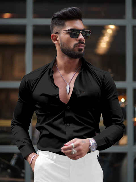 MENTIFIC Men Solid Formal Black Shirt