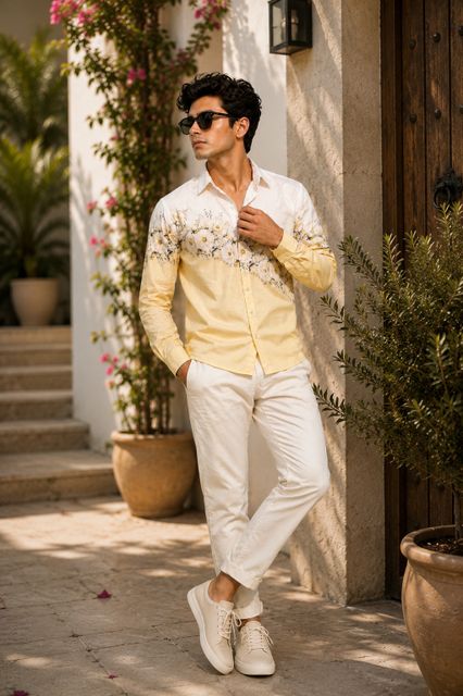 ZX BOSS Men Floral Print Casual White, Yellow Shirt - Buy ZX BOSS