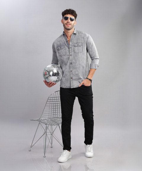 AIDAN PAUL Men Washed Casual Grey Shirt